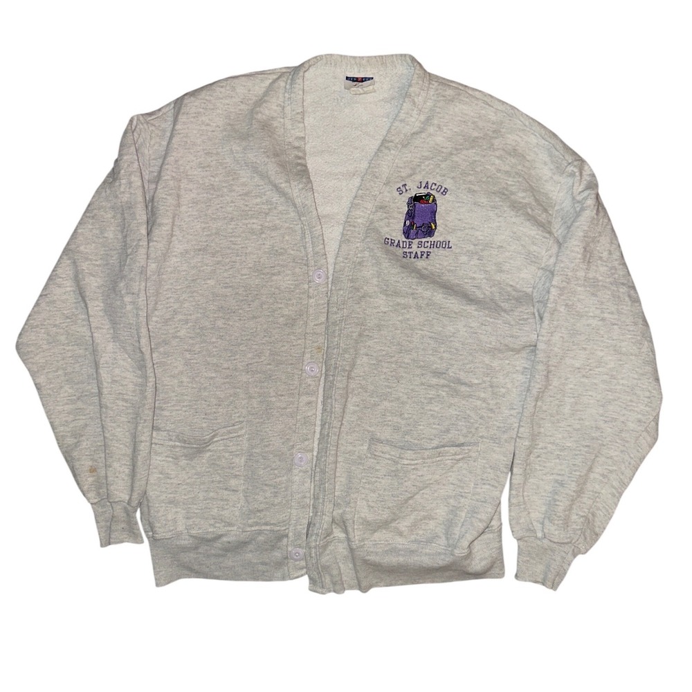 Vintage Jerzees St Jacob Grade School Staff Cardigan Sweatshirt Heather Gray XL